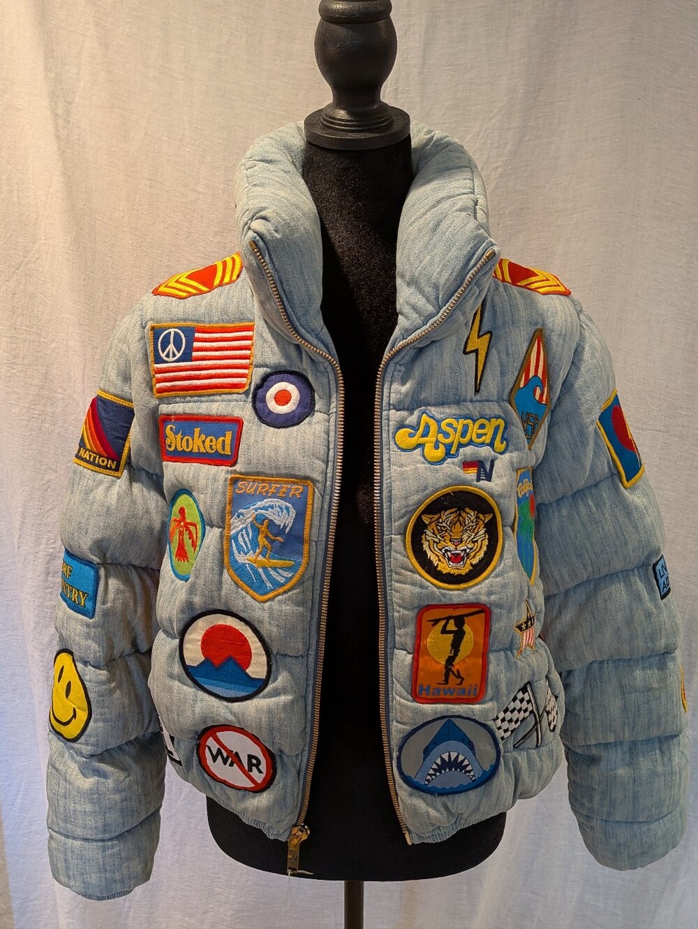 Aviator Nation Vintage Patch Denim Apres Puffer Size S - Picture 2 of 15